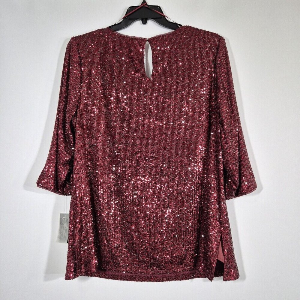 Alex Evenings Women's Size 2X Red Sequined Cowl Neck Blouse Tunic Top Plus (46) - Picture 6 of 14